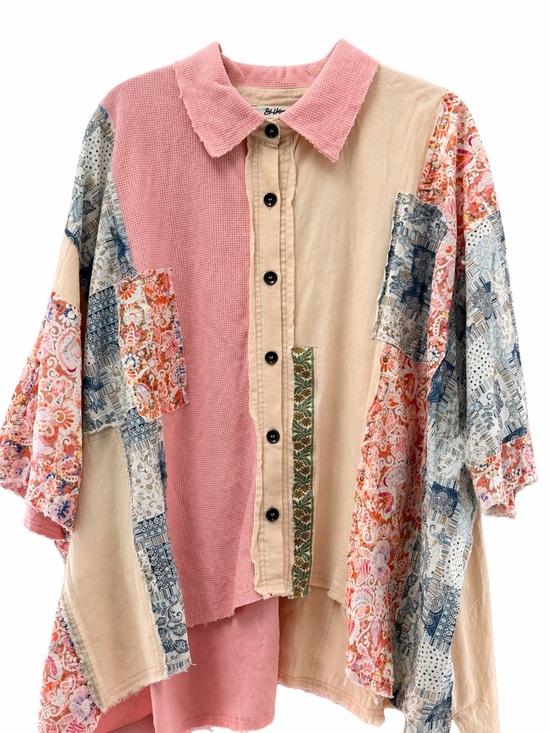 Blue Velvet Tops - Blue Velvet Oversized Patchwork Button-Down Shirt in Pink and Cream-Hippie Chic